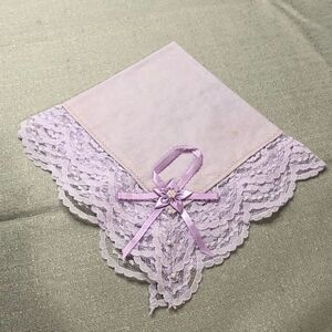 Vintage 1960s Handmade Ladies Lacy Handkerchief in Lavender w/Ribbon & Beads